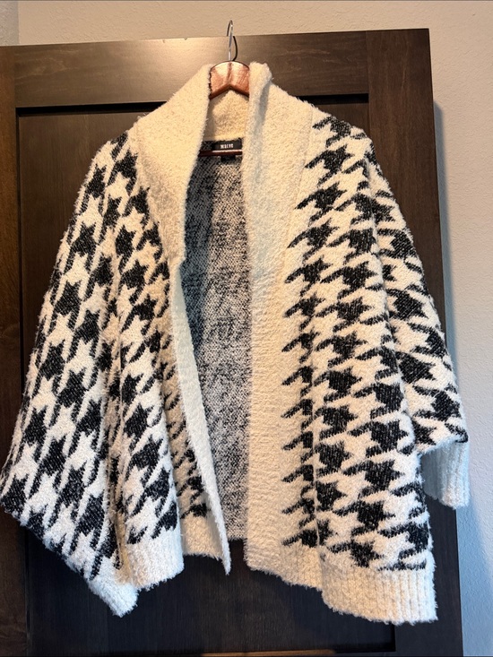 Maeve Sweaters - Maeve Black and Cream Houndstooth Open Cardigan Sweater